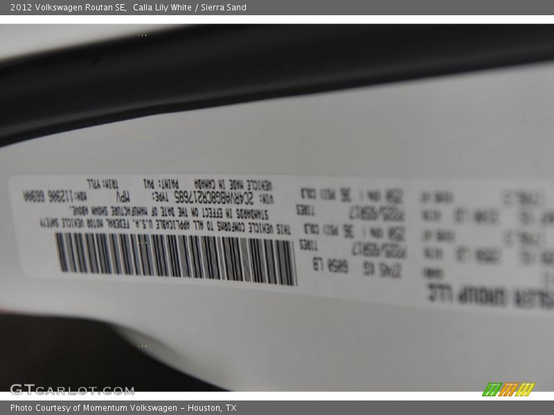 Calla Lily White / Sierra Sand 2012 Volkswagen Routan SE