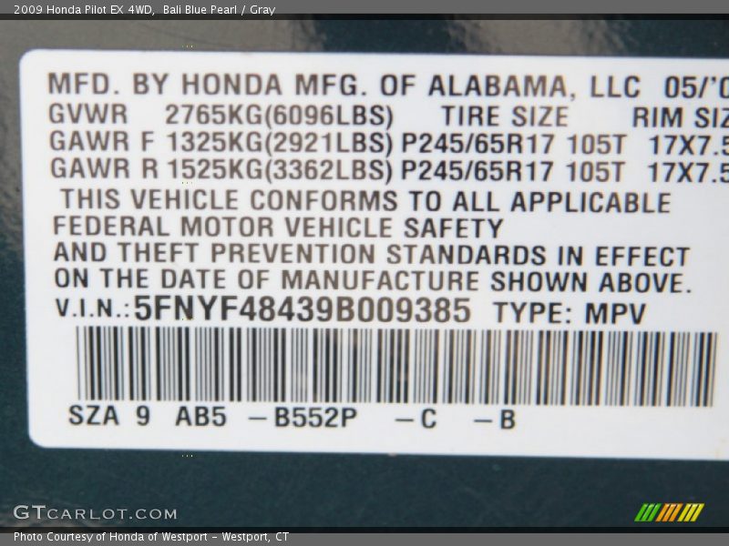 2009 Pilot EX 4WD Bali Blue Pearl Color Code B552P