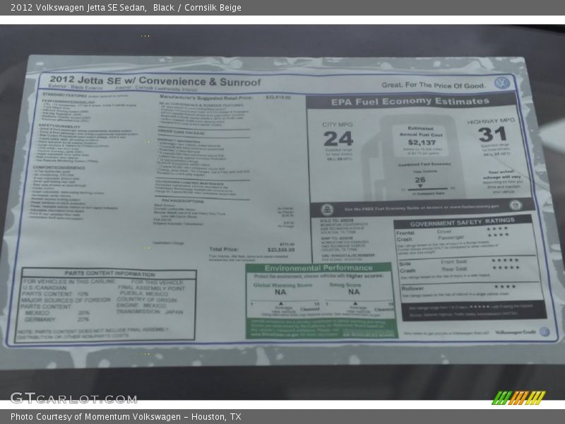 Black / Cornsilk Beige 2012 Volkswagen Jetta SE Sedan