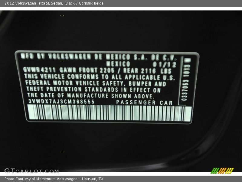 Black / Cornsilk Beige 2012 Volkswagen Jetta SE Sedan