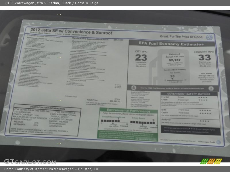 Black / Cornsilk Beige 2012 Volkswagen Jetta SE Sedan