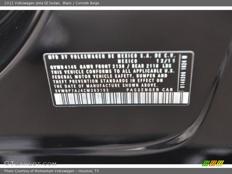 Black / Cornsilk Beige 2012 Volkswagen Jetta SE Sedan