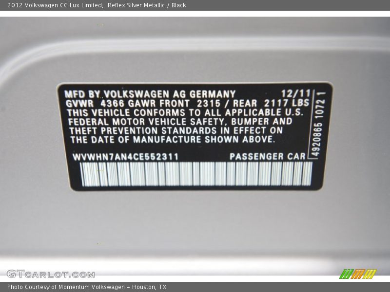 Reflex Silver Metallic / Black 2012 Volkswagen CC Lux Limited