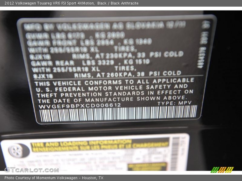 Black / Black Anthracite 2012 Volkswagen Touareg VR6 FSI Sport 4XMotion