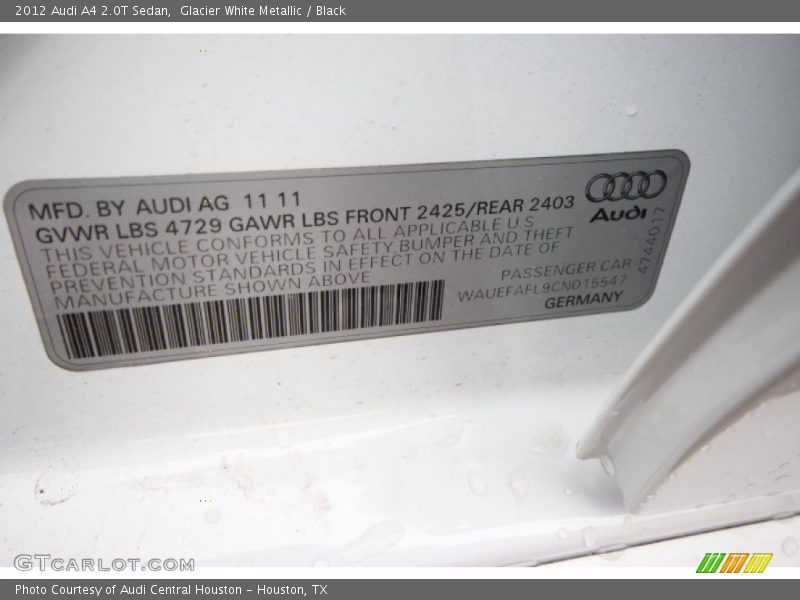 Glacier White Metallic / Black 2012 Audi A4 2.0T Sedan