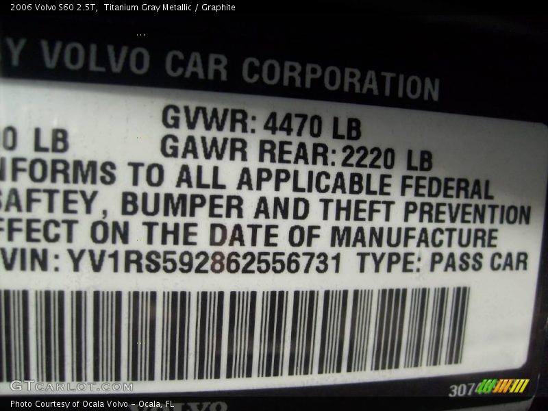 Titanium Gray Metallic / Graphite 2006 Volvo S60 2.5T