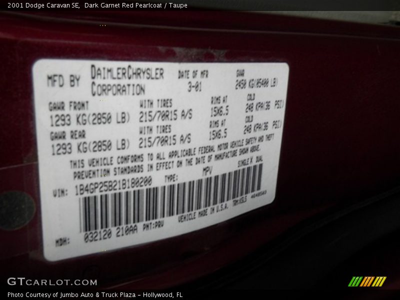 2001 Caravan SE Dark Garnet Red Pearlcoat Color Code PRV