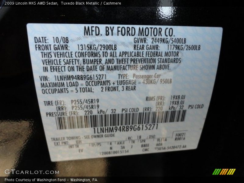 2009 MKS AWD Sedan Tuxedo Black Metallic Color Code UH