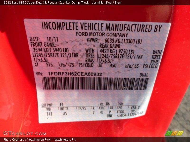 2012 F350 Super Duty XL Regular Cab 4x4 Dump Truck Vermillion Red Color Code F1