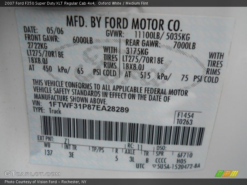 2007 F350 Super Duty XLT Regular Cab 4x4 Oxford White Color Code Z1
