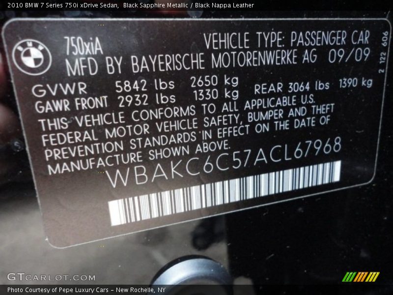 Info Tag of 2010 7 Series 750i xDrive Sedan