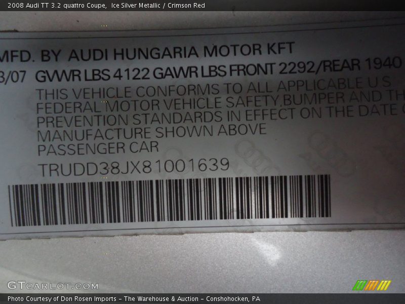 Ice Silver Metallic / Crimson Red 2008 Audi TT 3.2 quattro Coupe