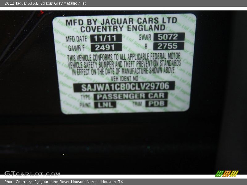 2012 XJ XJ Stratus Grey Metallic Color Code LNL