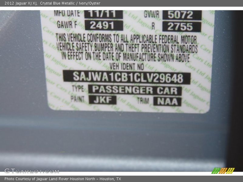 2012 XJ XJ Crystal Blue Metallic Color Code JKF