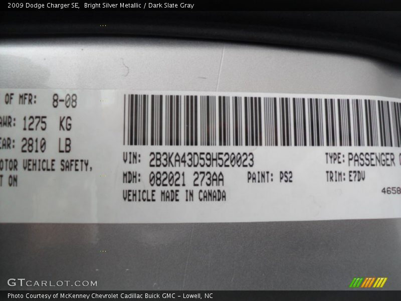 2009 Charger SE Bright Silver Metallic Color Code PS2