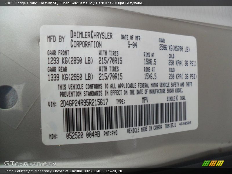 Linen Gold Metallic / Dark Khaki/Light Graystone 2005 Dodge Grand Caravan SE
