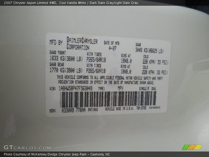 2007 Aspen Limited 4WD Cool Vanilla White Color Code PWG