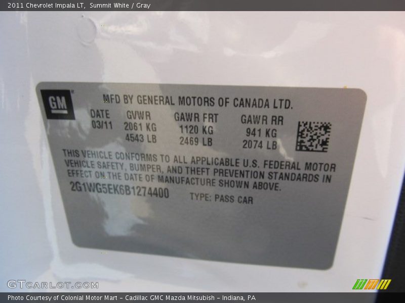 Summit White / Gray 2011 Chevrolet Impala LT