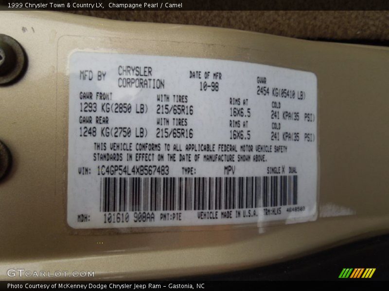 1999 Town & Country LX Champagne Pearl Color Code PTE