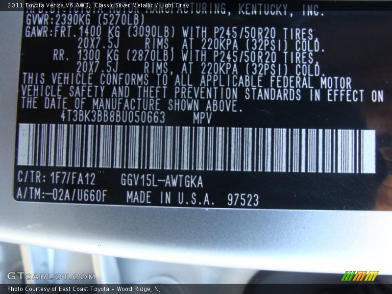 Classic Silver Metallic / Light Gray 2011 Toyota Venza V6 AWD