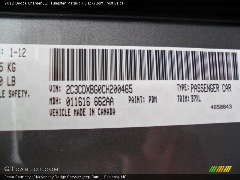 2012 Charger SE Tungsten Metallic Color Code PDM