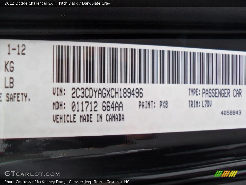 Pitch Black / Dark Slate Gray 2012 Dodge Challenger SXT