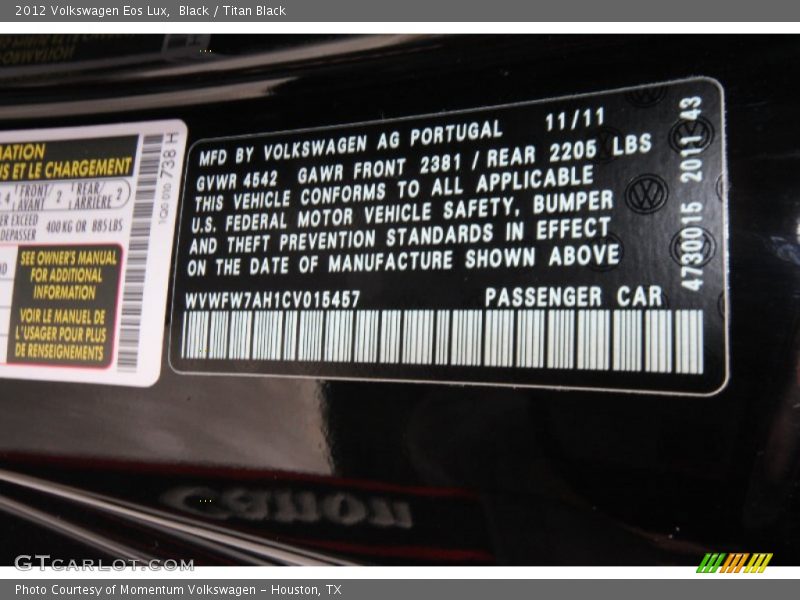 Black / Titan Black 2012 Volkswagen Eos Lux