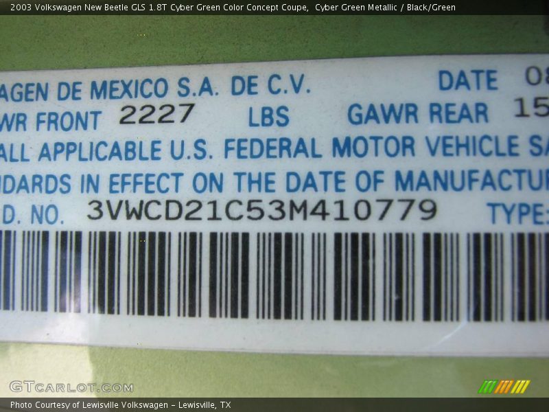 Cyber Green Metallic / Black/Green 2003 Volkswagen New Beetle GLS 1.8T Cyber Green Color Concept Coupe