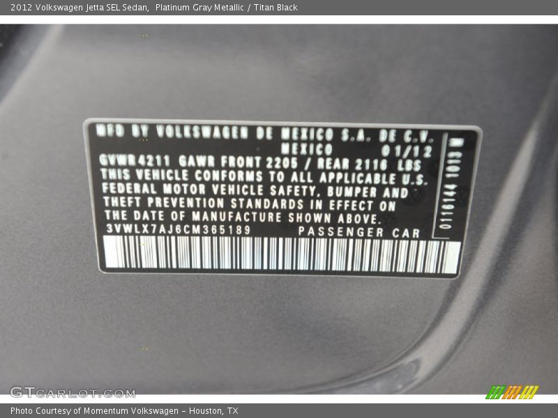 Platinum Gray Metallic / Titan Black 2012 Volkswagen Jetta SEL Sedan