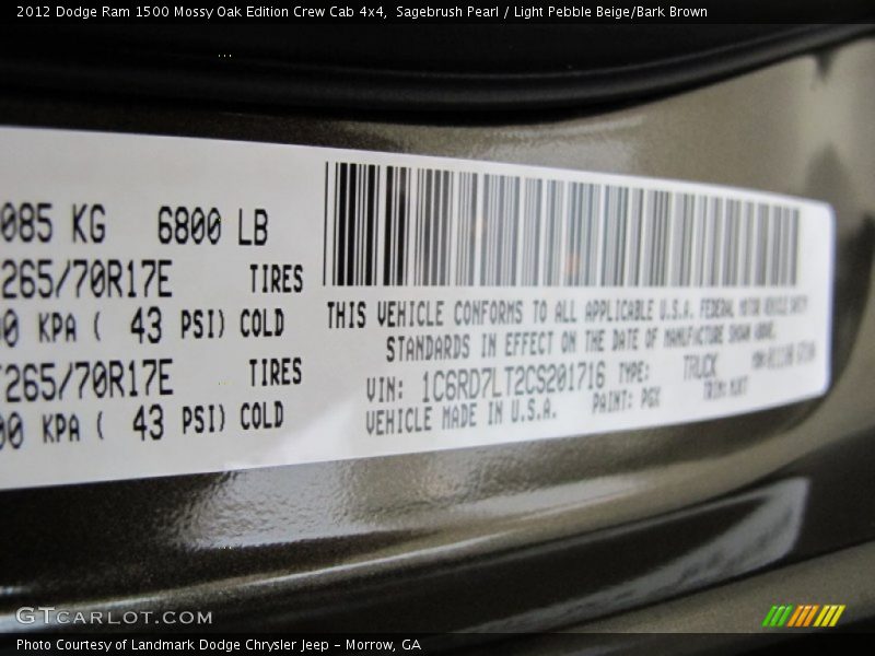 2012 Ram 1500 Mossy Oak Edition Crew Cab 4x4 Sagebrush Pearl Color Code PGX