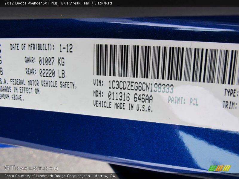 2012 Avenger SXT Plus Blue Streak Pearl Color Code PCL