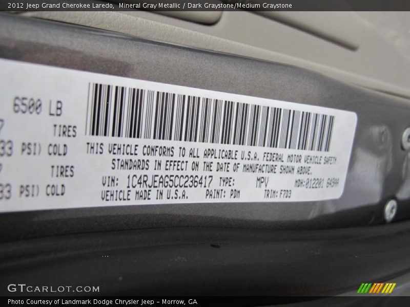 2012 Grand Cherokee Laredo Mineral Gray Metallic Color Code PDM