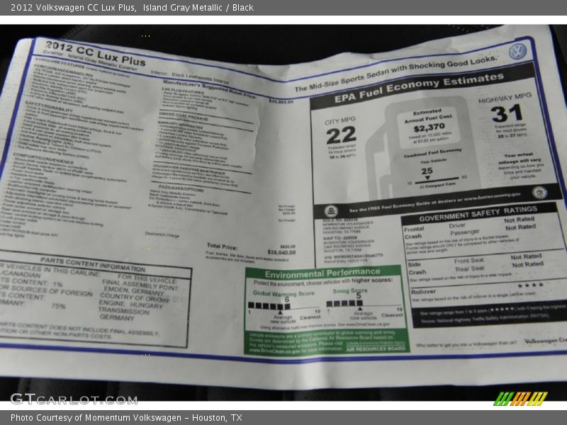 Island Gray Metallic / Black 2012 Volkswagen CC Lux Plus