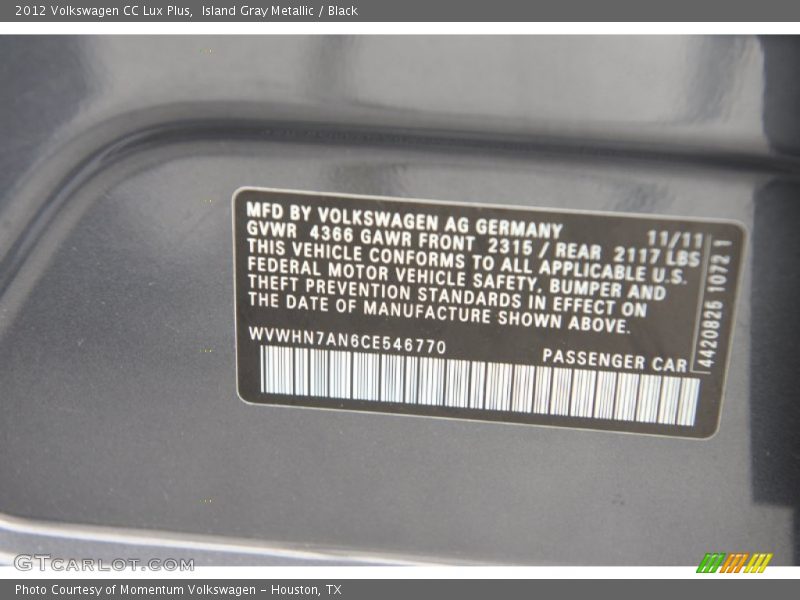 Island Gray Metallic / Black 2012 Volkswagen CC Lux Plus