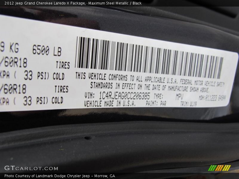 2012 Grand Cherokee Laredo X Package Maximum Steel Metallic Color Code PAR