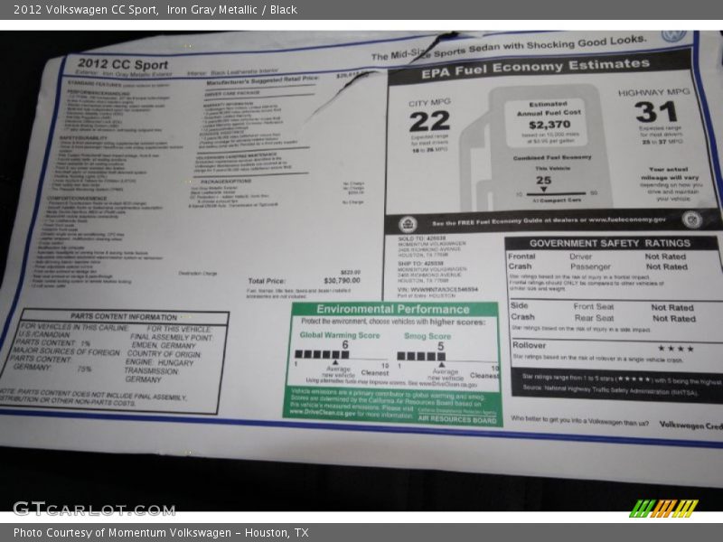 Iron Gray Metallic / Black 2012 Volkswagen CC Sport