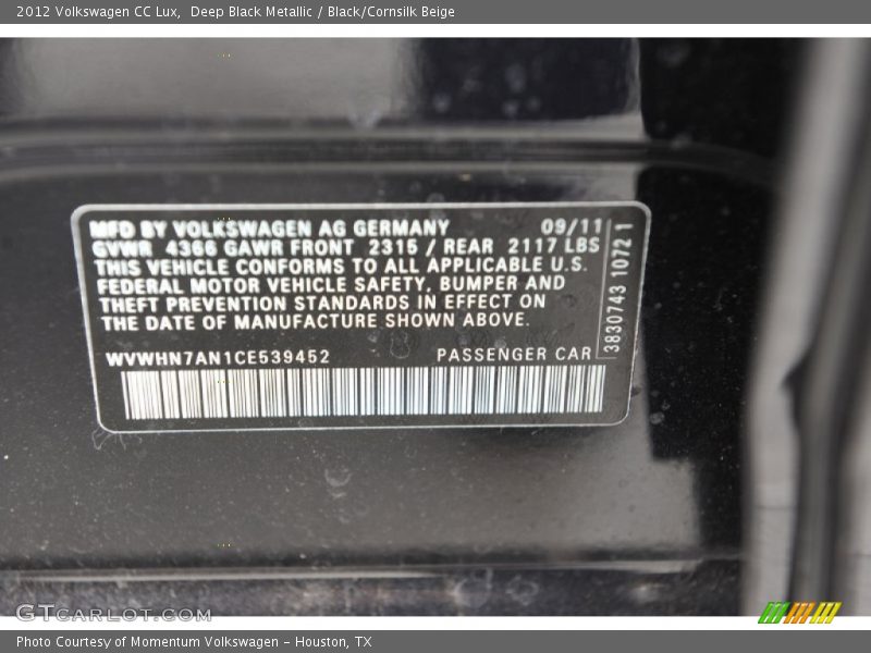 Deep Black Metallic / Black/Cornsilk Beige 2012 Volkswagen CC Lux