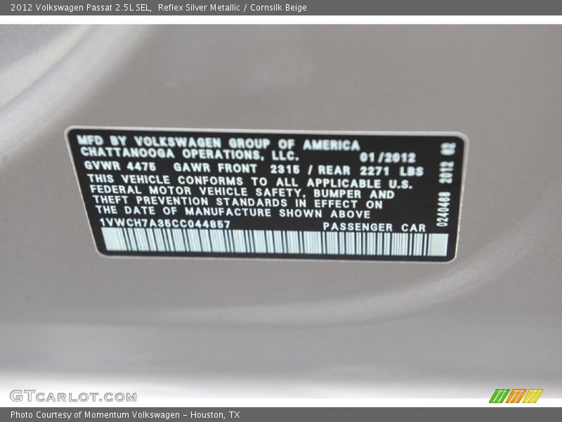 Reflex Silver Metallic / Cornsilk Beige 2012 Volkswagen Passat 2.5L SEL