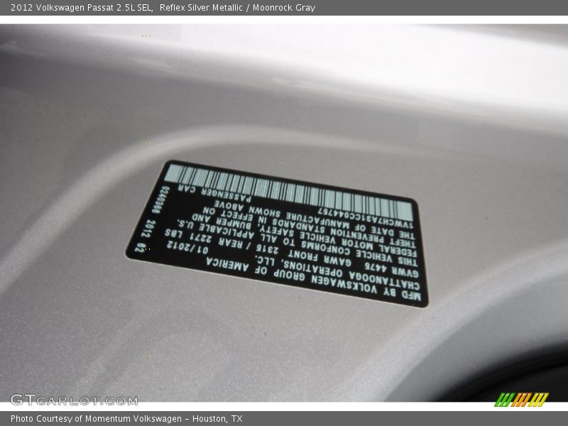 Reflex Silver Metallic / Moonrock Gray 2012 Volkswagen Passat 2.5L SEL