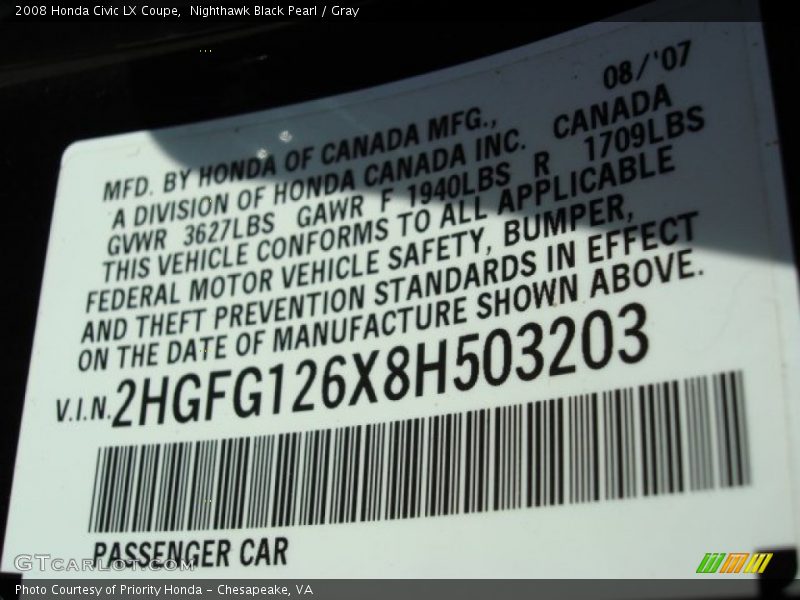 Nighthawk Black Pearl / Gray 2008 Honda Civic LX Coupe