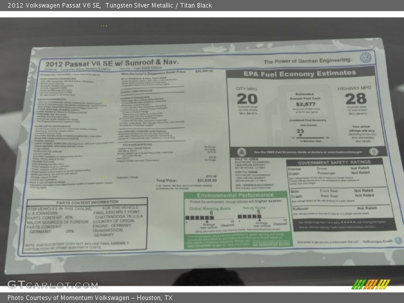 Tungsten Silver Metallic / Titan Black 2012 Volkswagen Passat V6 SE