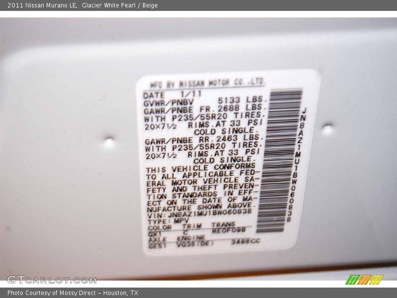 2011 Murano LE Glacier White Pearl Color Code QX1