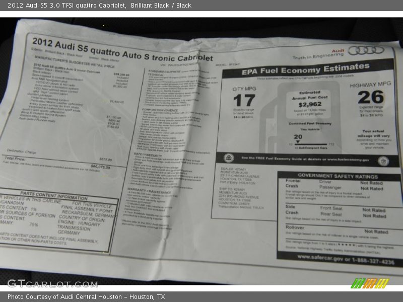  2012 S5 3.0 TFSI quattro Cabriolet Window Sticker