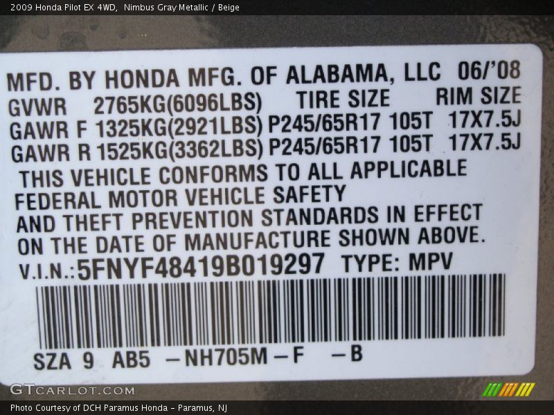 2009 Pilot EX 4WD Nimbus Gray Metallic Color Code NH705M