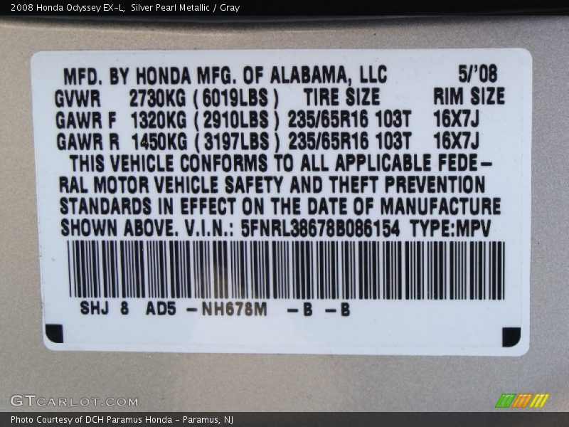 Silver Pearl Metallic / Gray 2008 Honda Odyssey EX-L