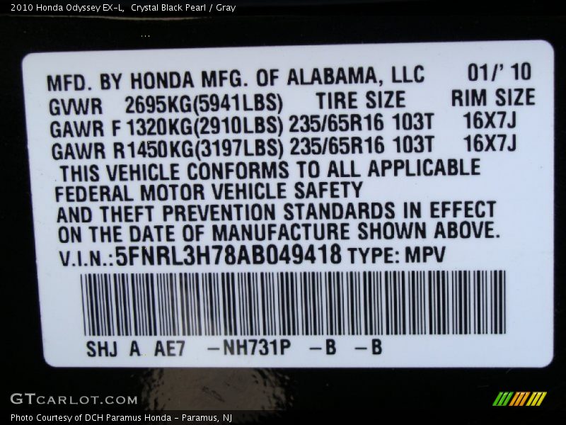 Crystal Black Pearl / Gray 2010 Honda Odyssey EX-L