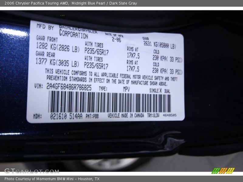 2006 Pacifica Touring AWD Midnight Blue Pearl Color Code PB8