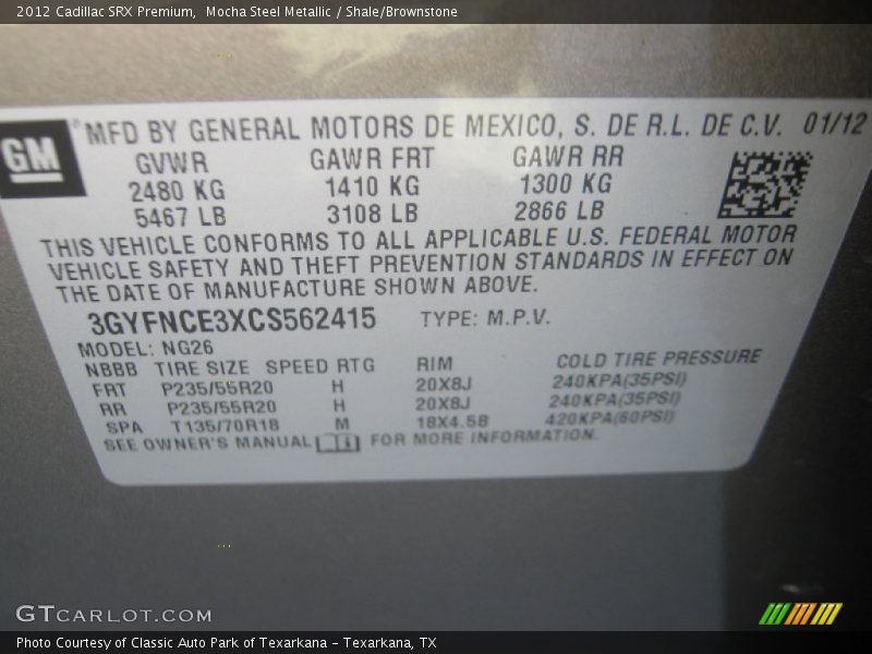 Mocha Steel Metallic / Shale/Brownstone 2012 Cadillac SRX Premium