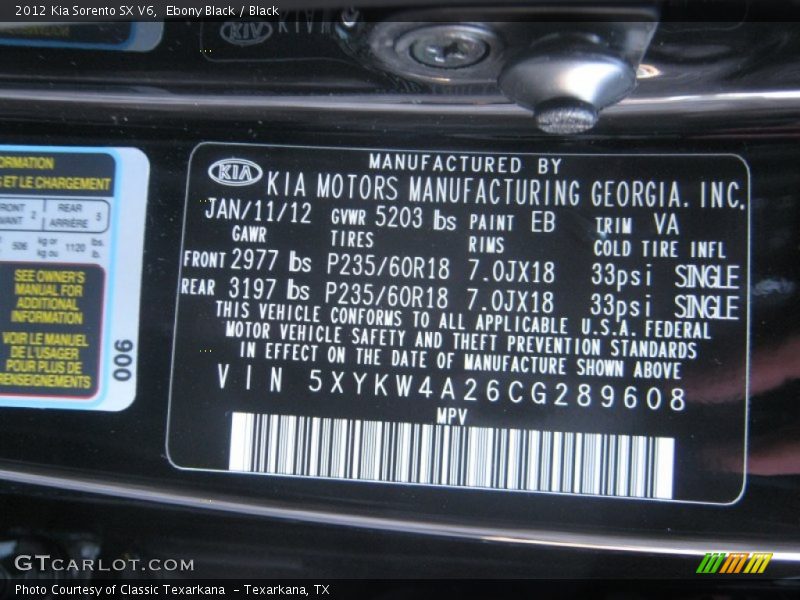 Ebony Black / Black 2012 Kia Sorento SX V6