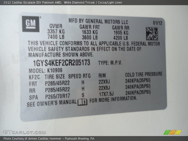 White Diamond Tricoat / Cocoa/Light Linen 2012 Cadillac Escalade ESV Platinum AWD